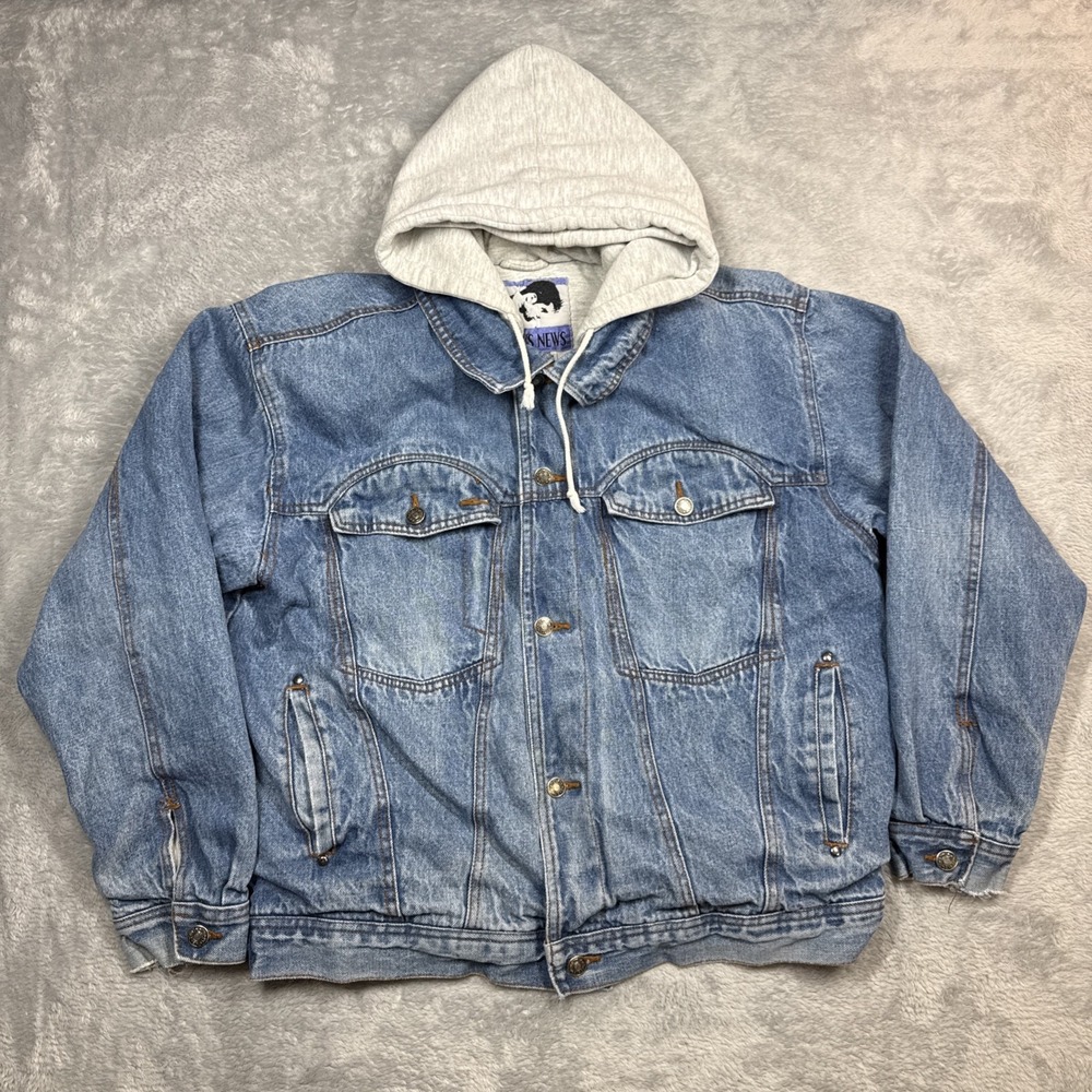 Vintage Today's News Denim Hooded Jacket Men‎ L Blue Lined Distressed Faded 90s